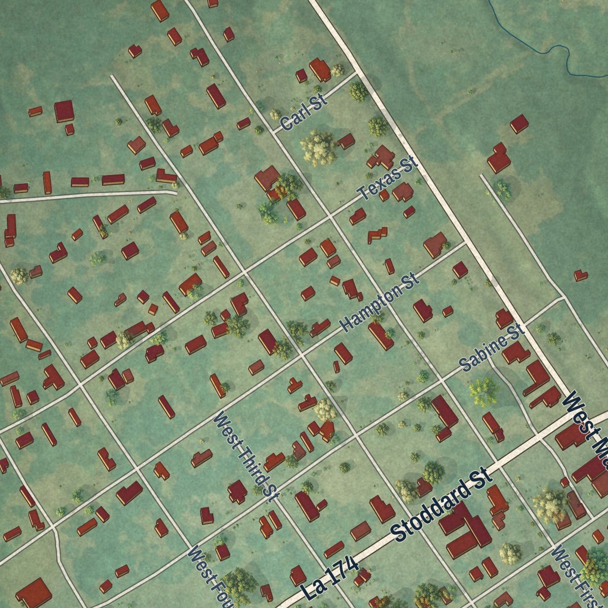 Close-up of the map of Pleasant Hill, Louisiana print showing street and building detail