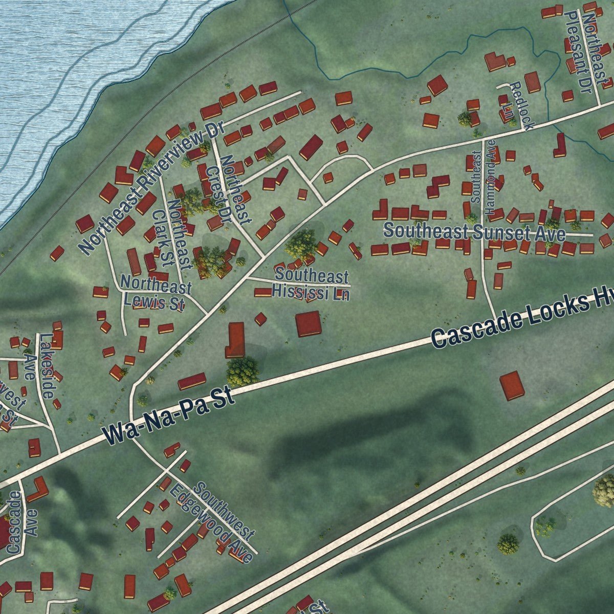 Close-up of the map of Cascade Locks, Oregon print showing street and building detail