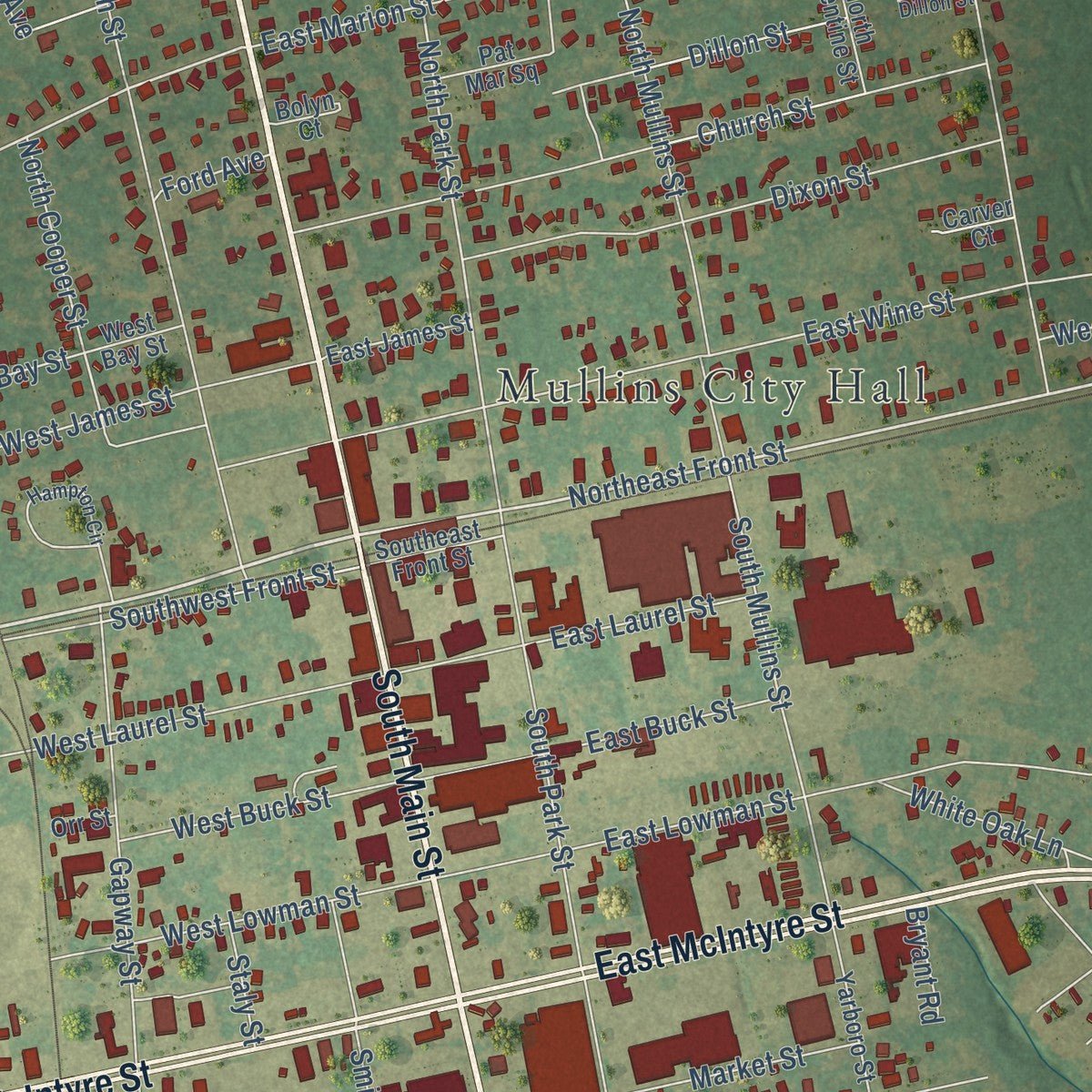 Close-up of the map of Mullins, South Carolina print showing street and building detail