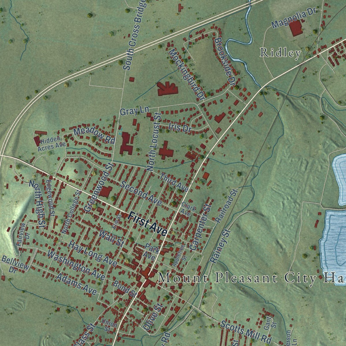 Close-up of the map of Mount Pleasant, Tennessee print showing street and building detail