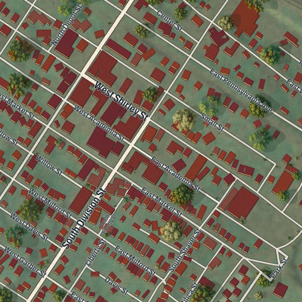 Close-up of the map of Mount Union, Pennsylvania print showing street and building detail