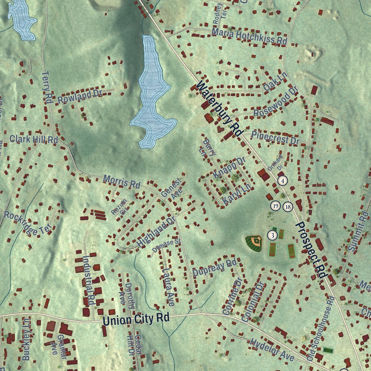 Close-up of the map of Prospect, Connecticut print showing street and building detail