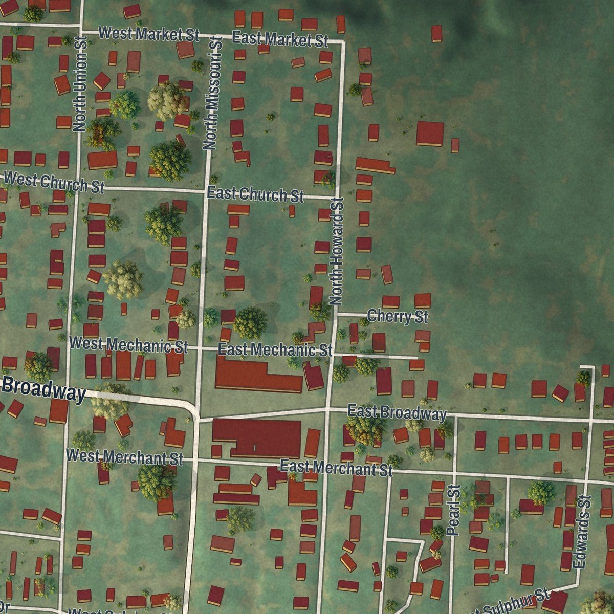 Close-up of the map of New Franklin, Missouri print showing street and building detail