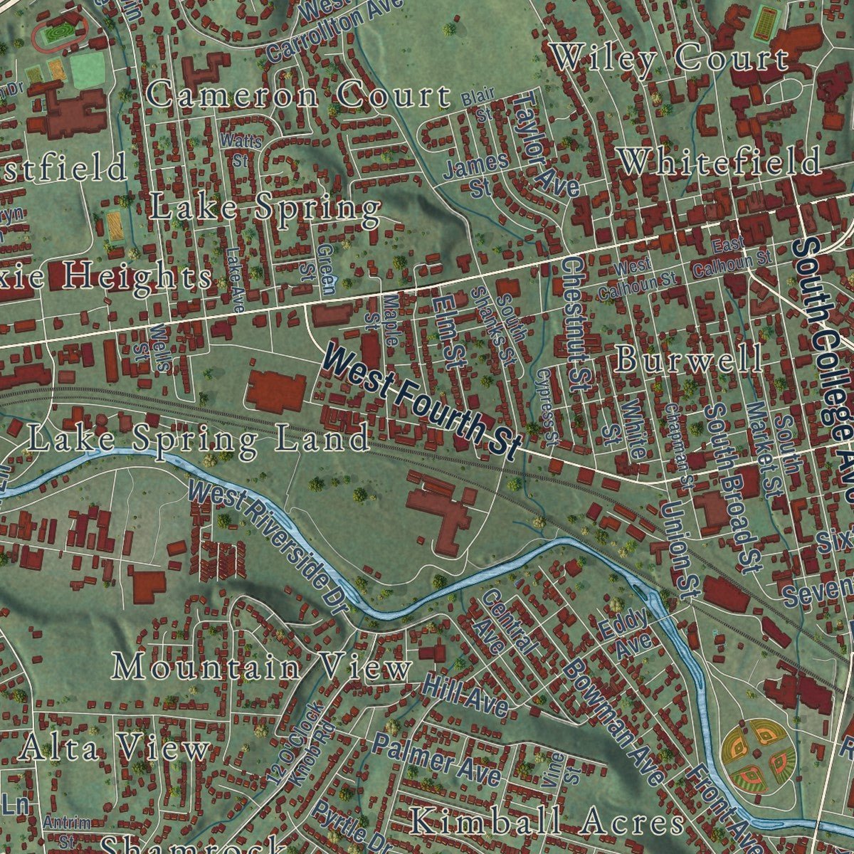Close-up of the map of Salem, Virginia print showing street and building detail