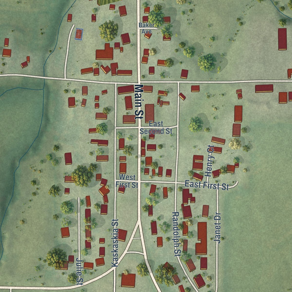 Close-up of the map of Ruma, Illinois print showing street and building detail