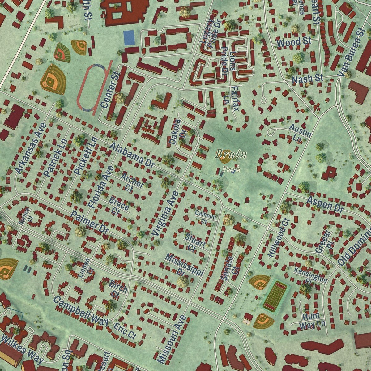 Close-up of the map of Herndon, Virginia print showing street and building detail