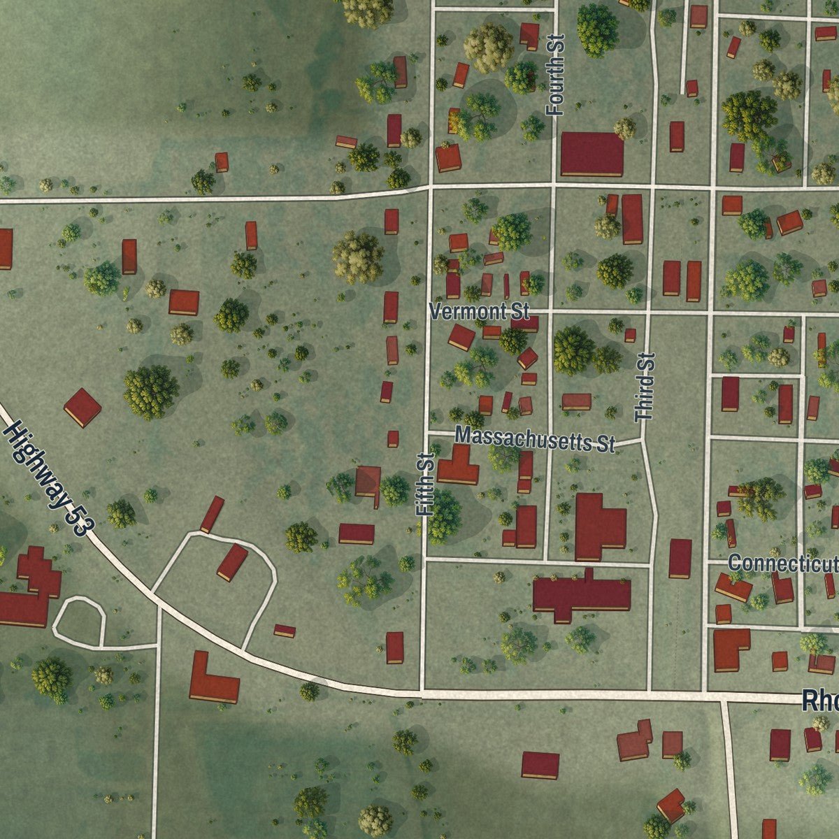 Close-up of the map of Qulin, Missouri print showing street and building detail