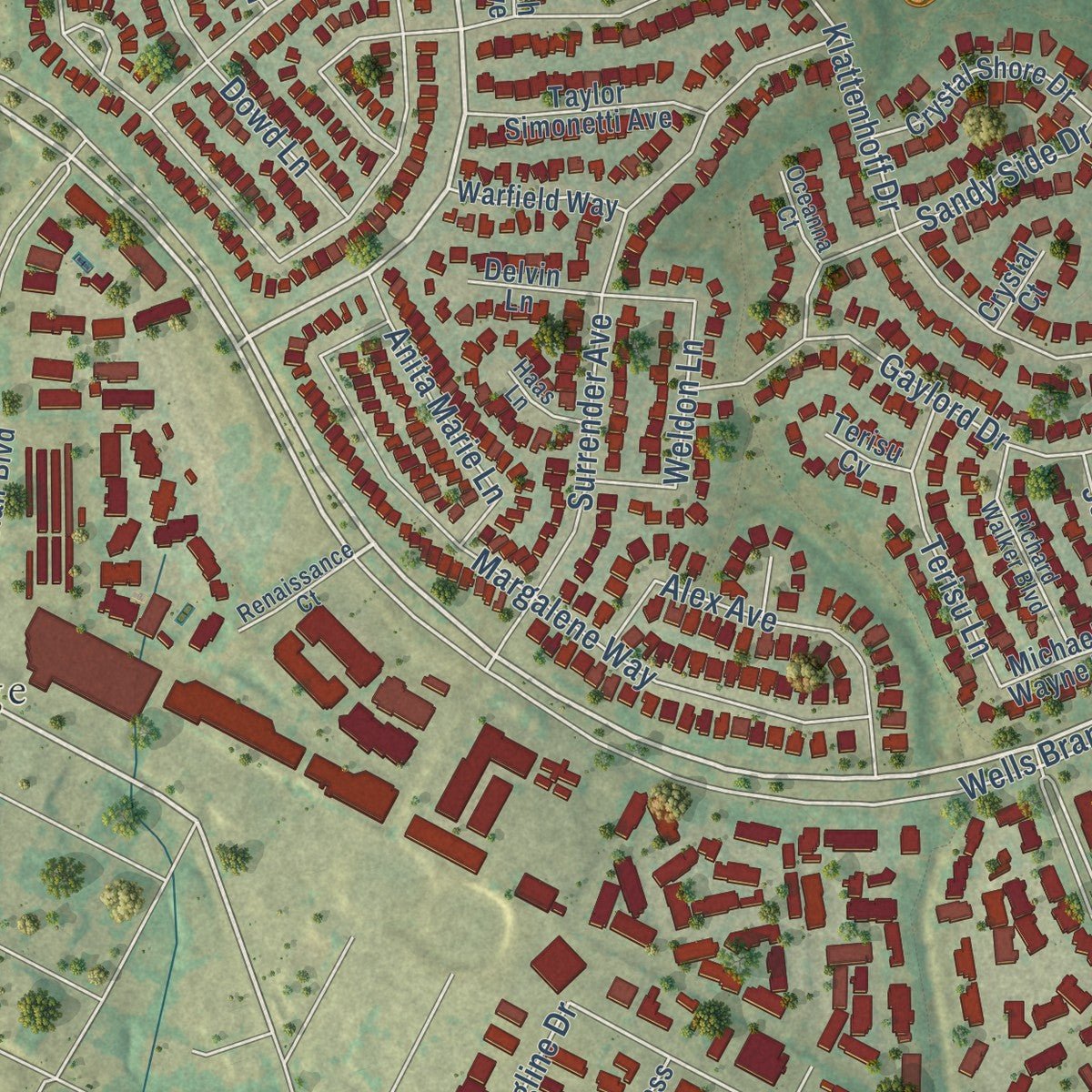 Close-up of the map of Wells Branch, Texas print showing street and building detail