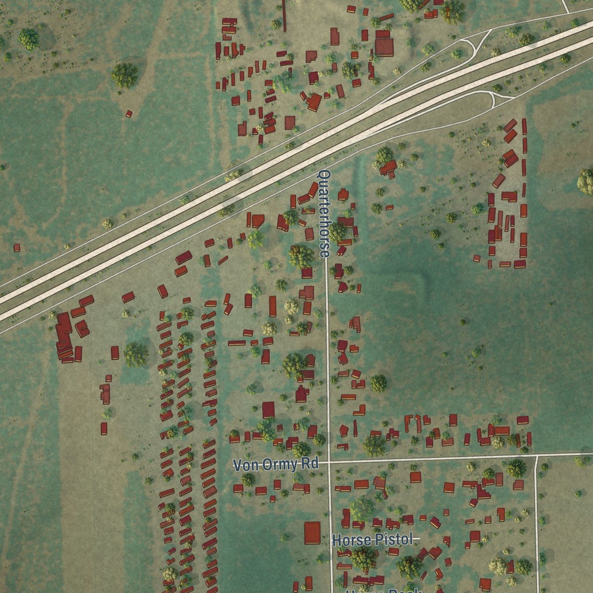 Close-up of the map of Von Ormy, Texas print showing street and building detail