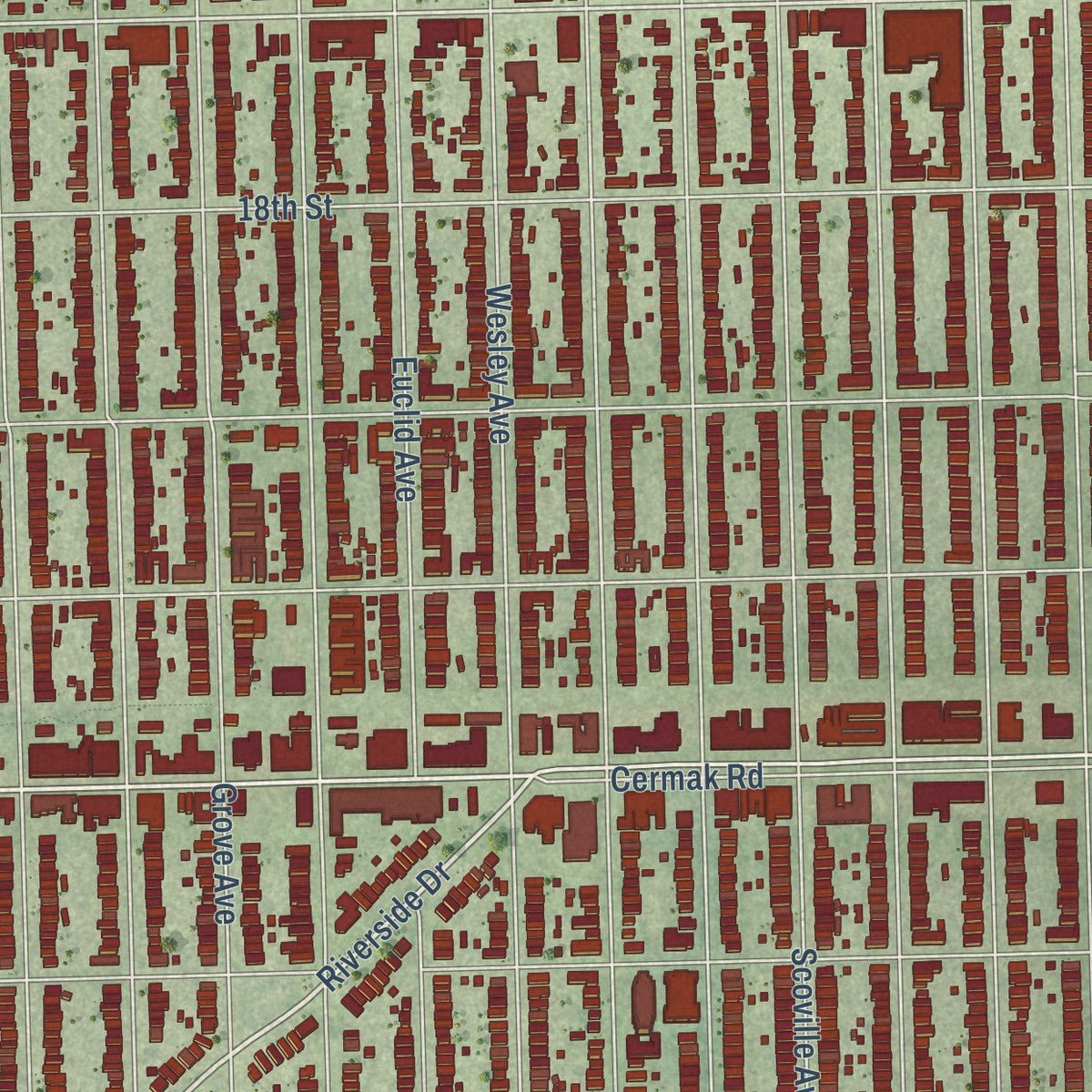 Close-up of the map of Berwyn, Illinois print showing street and building detail