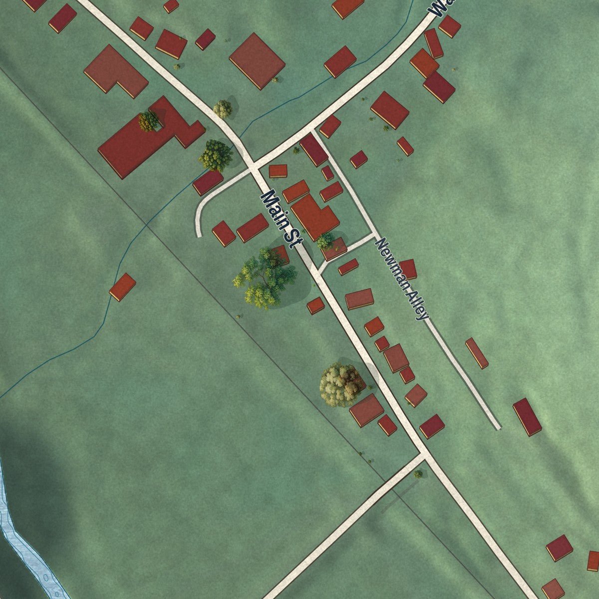 Close-up of the map of Otway, Ohio print showing street and building detail