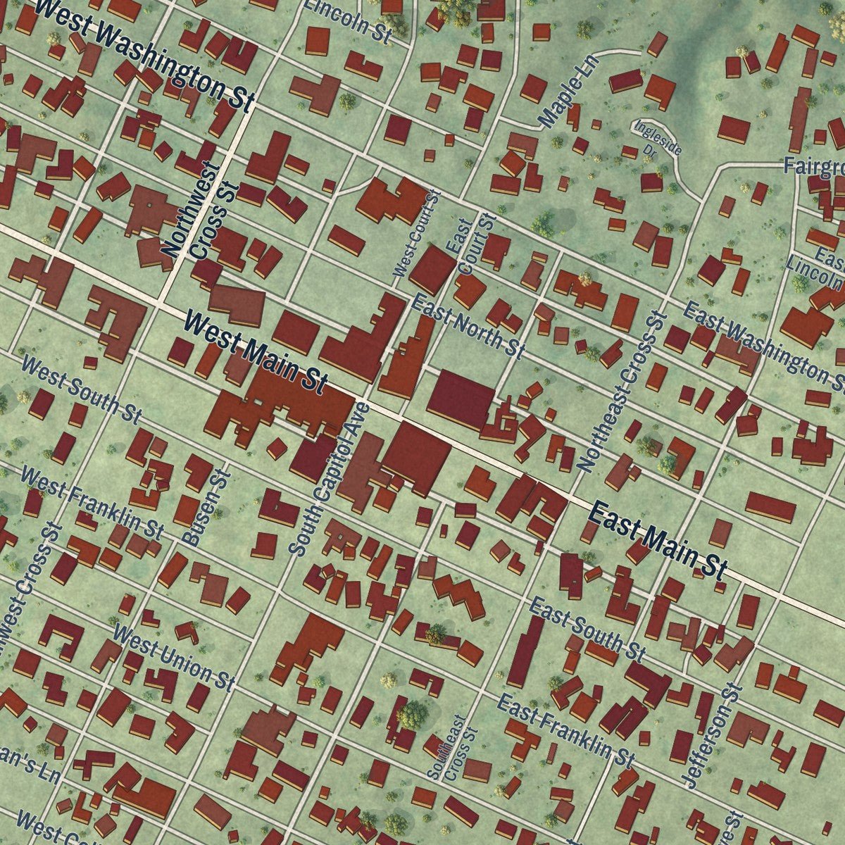 Close-up of the map of Mount Sterling, Illinois print showing street and building detail