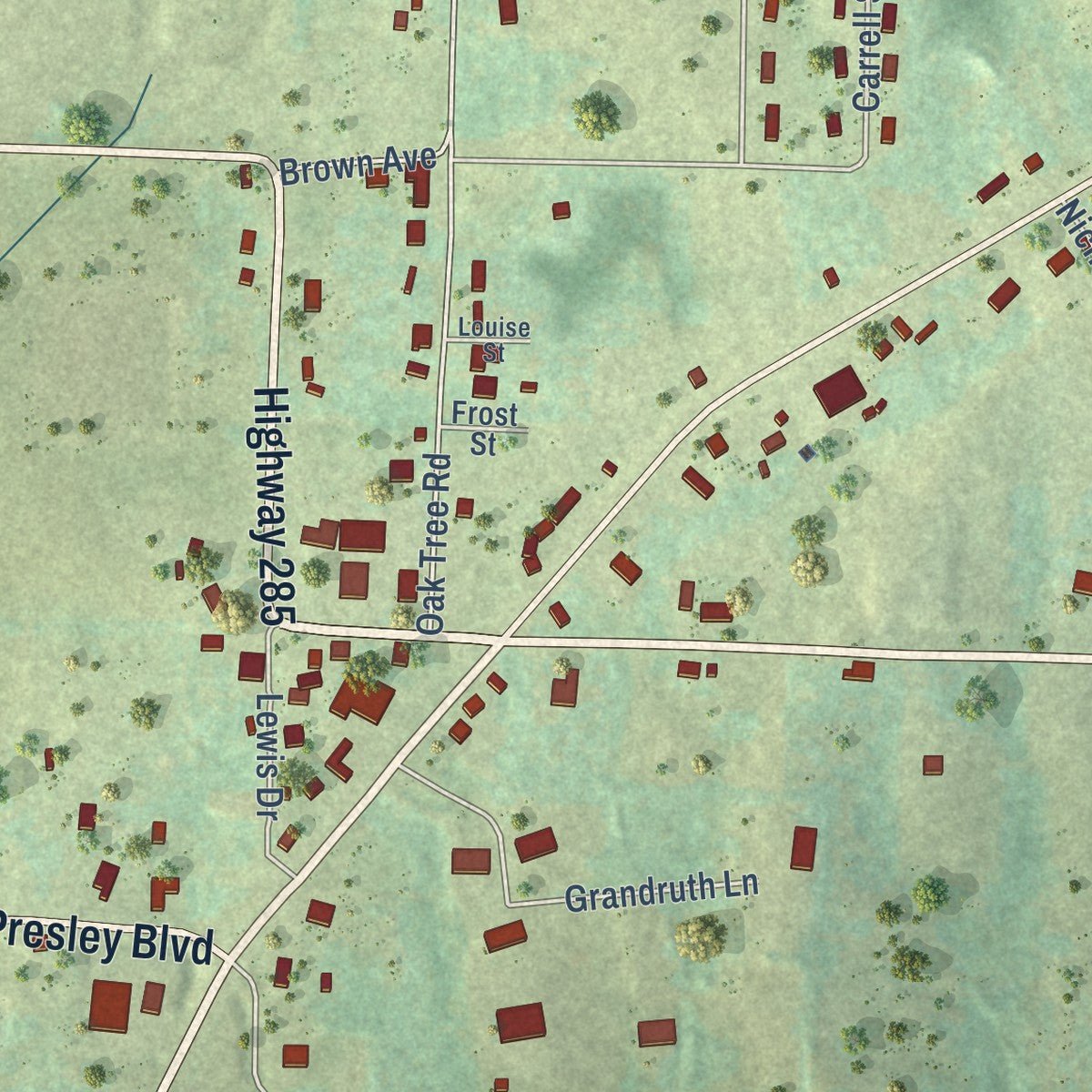 Close-up of the map of Damascus, Arkansas print showing street and building detail
