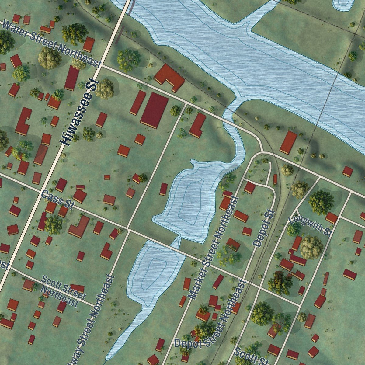 Close-up of the map of Charleston, Tennessee print showing street and building detail