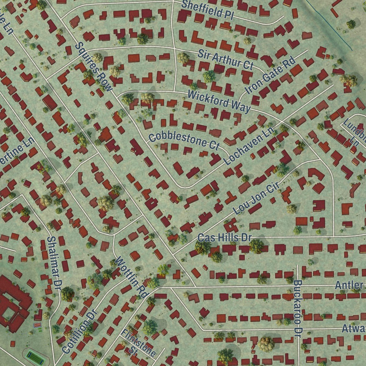 Close-up of the map of Castle Hills, Texas print showing street and building detail