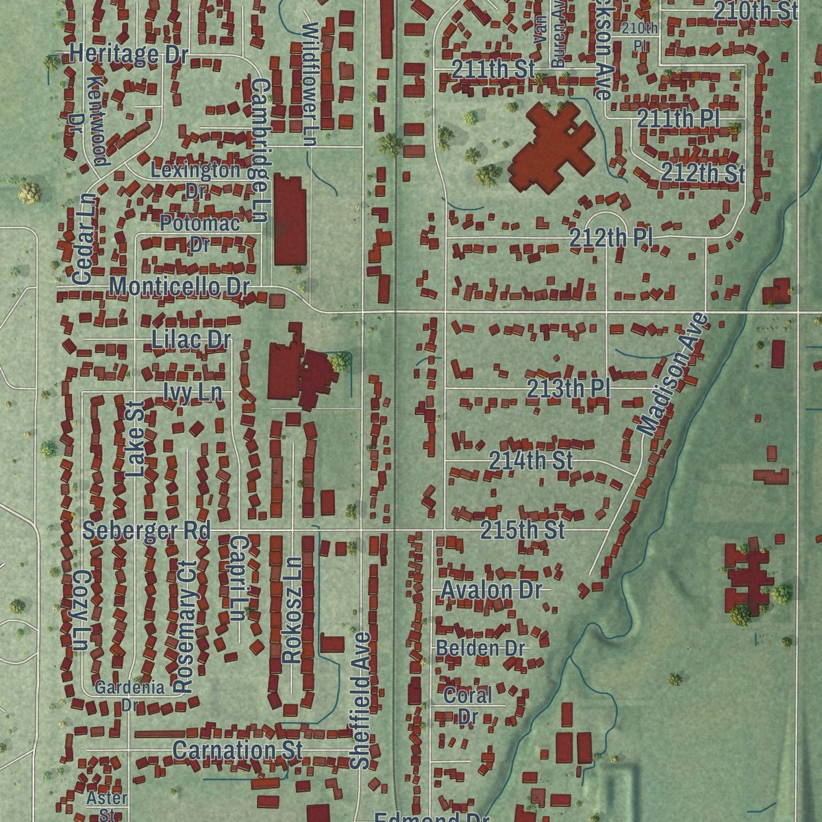 Close-up of the map of Dyer, Indiana print showing street and building detail