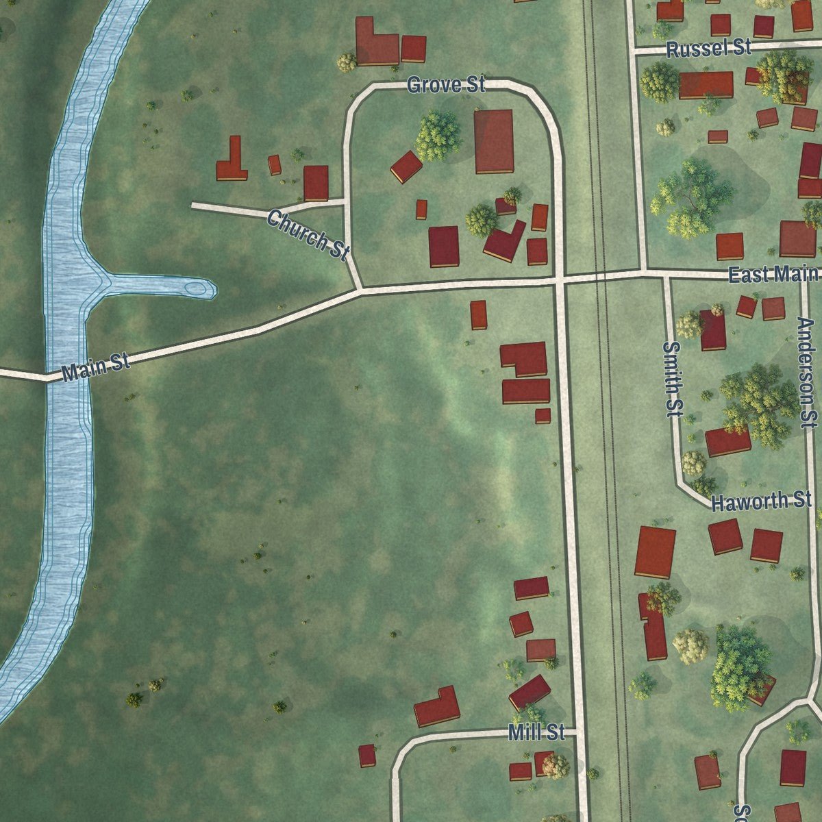 Close-up of the map of Woodland, Illinois print showing street and building detail