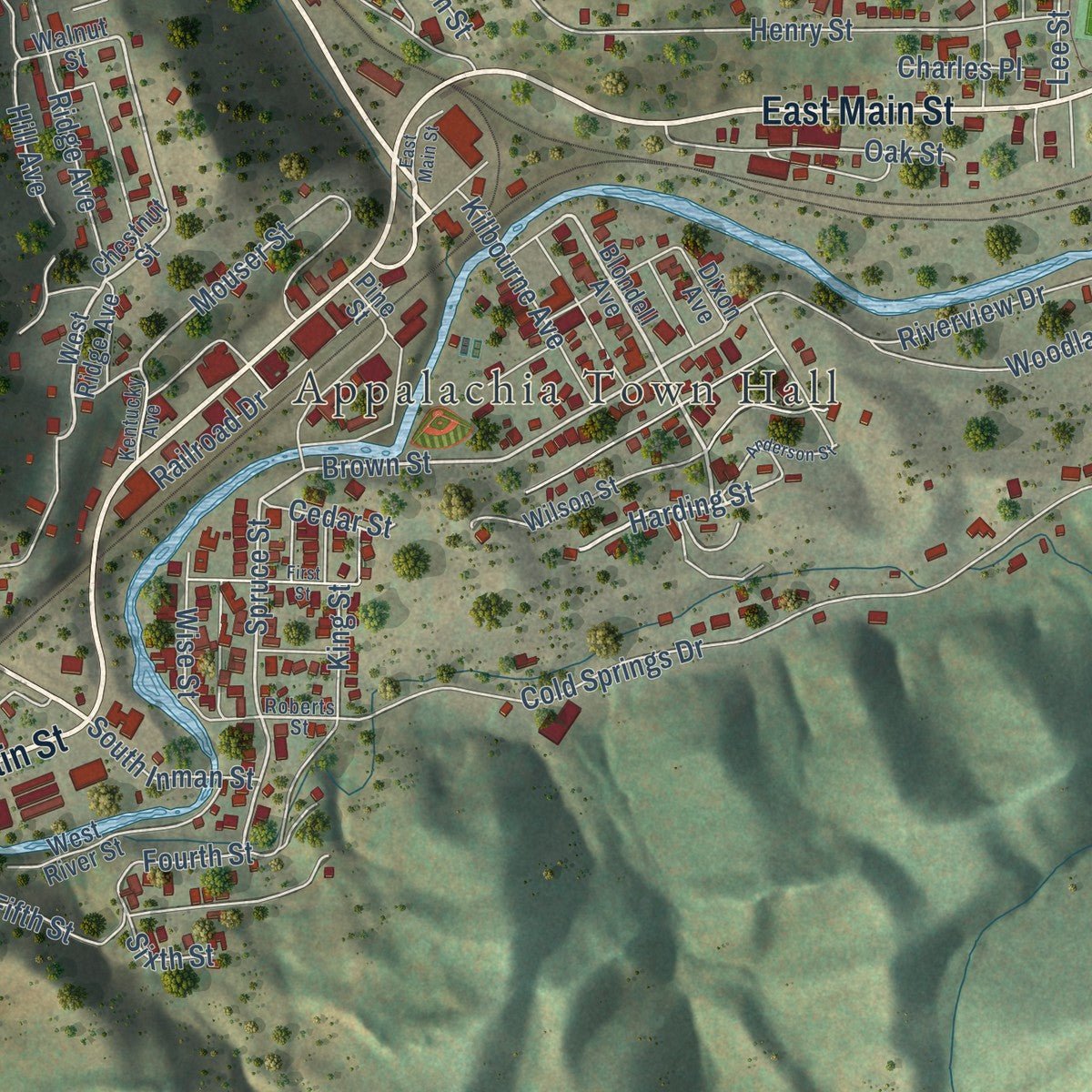 Close-up of the map of Appalachia, Virginia print showing street and building detail