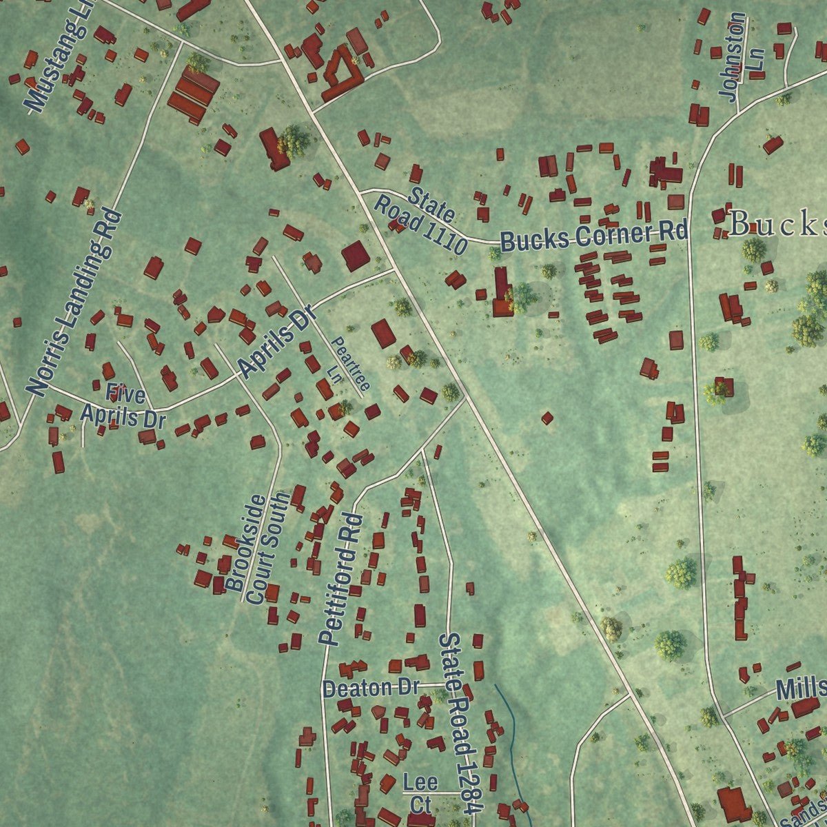 Close-up of the map of Peletier, North Carolina print showing street and building detail