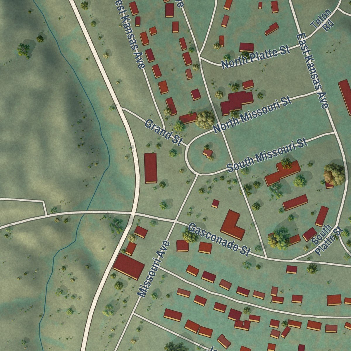 Close-up of the map of Fort Peck, Montana print showing street and building detail