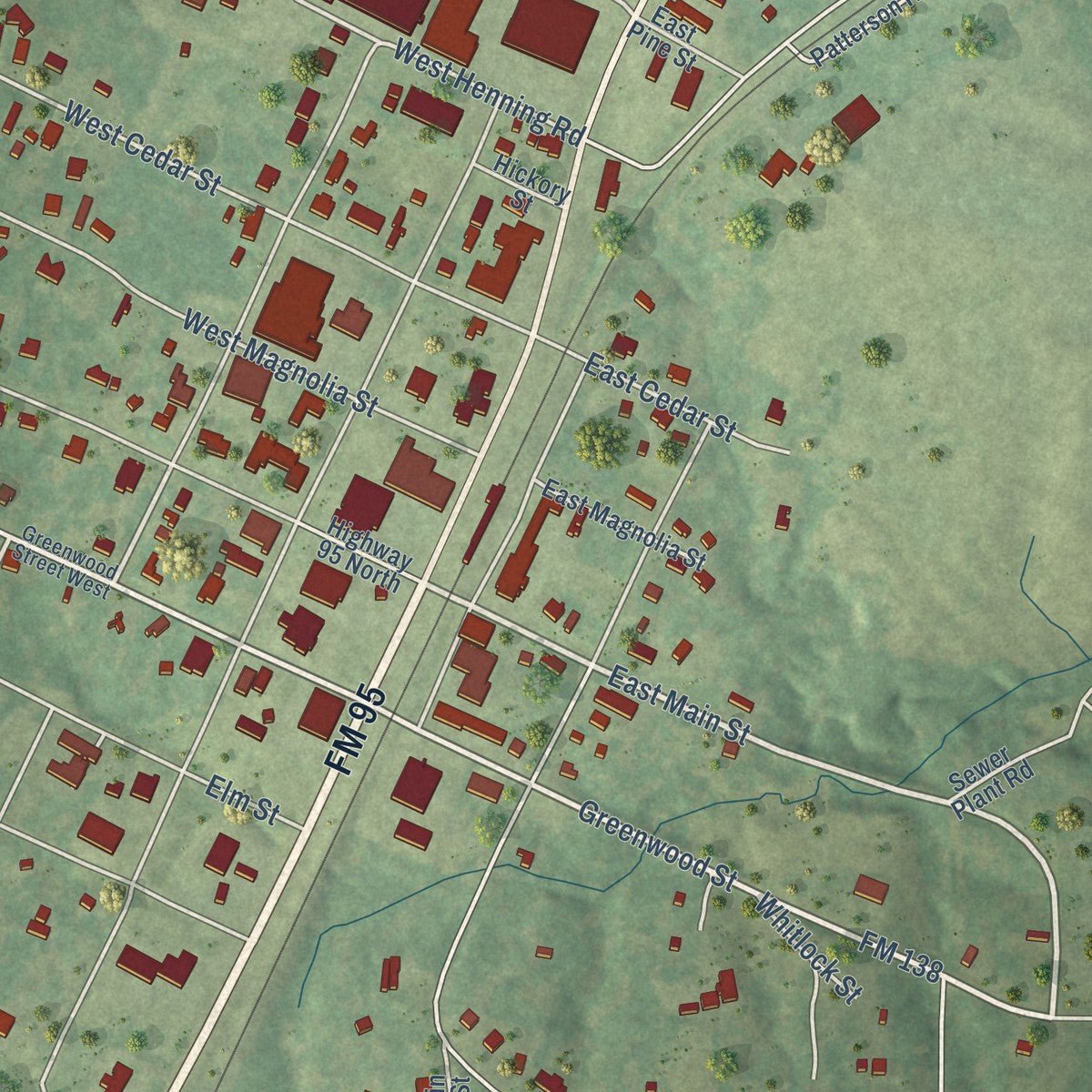 Close-up of the map of Garrison, Texas print showing street and building detail