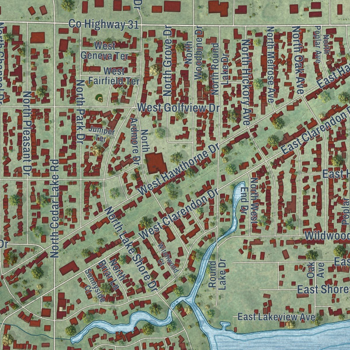 Close-up of the map of Round Lake Beach, Illinois print showing street and building detail
