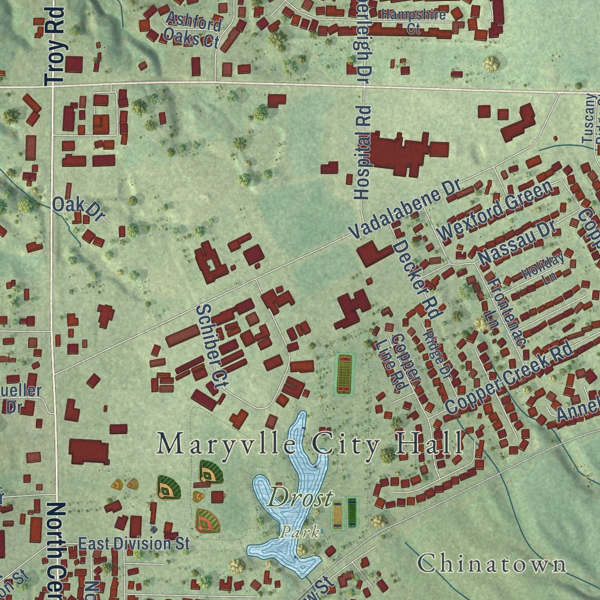 Close-up of the map of Maryville, Illinois print showing street and building detail