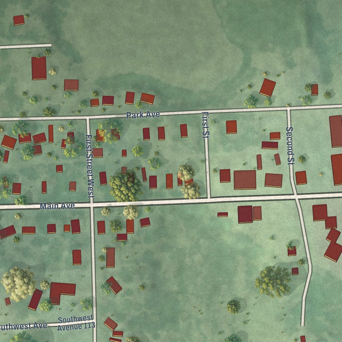 Close-up of the map of Sinai, South Dakota print showing street and building detail