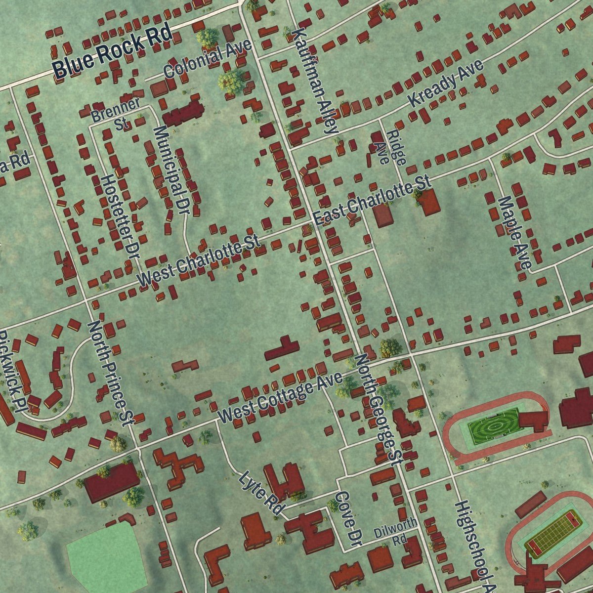 Close-up of the map of Millersville, Pennsylvania print showing street and building detail