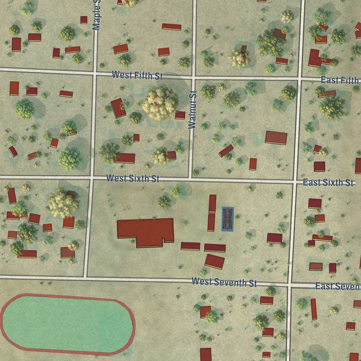 Close-up of the map of Oelrichs, South Dakota print showing street and building detail