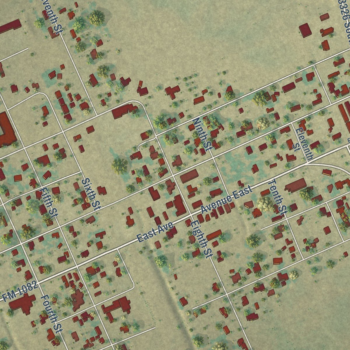 Close-up of the map of Hawley, Texas print showing street and building detail