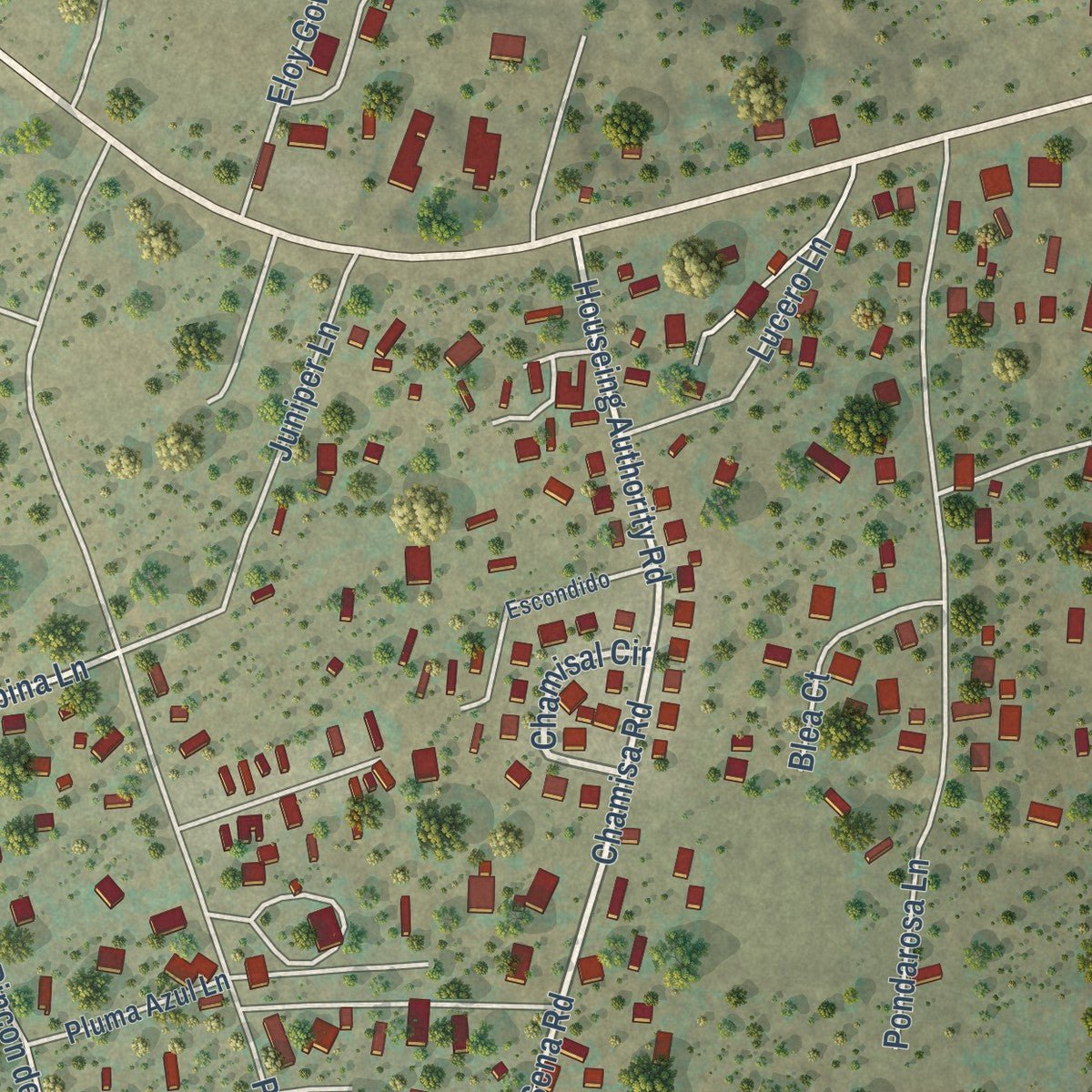 Close-up of the map of Pecos, New Mexico print showing street and building detail