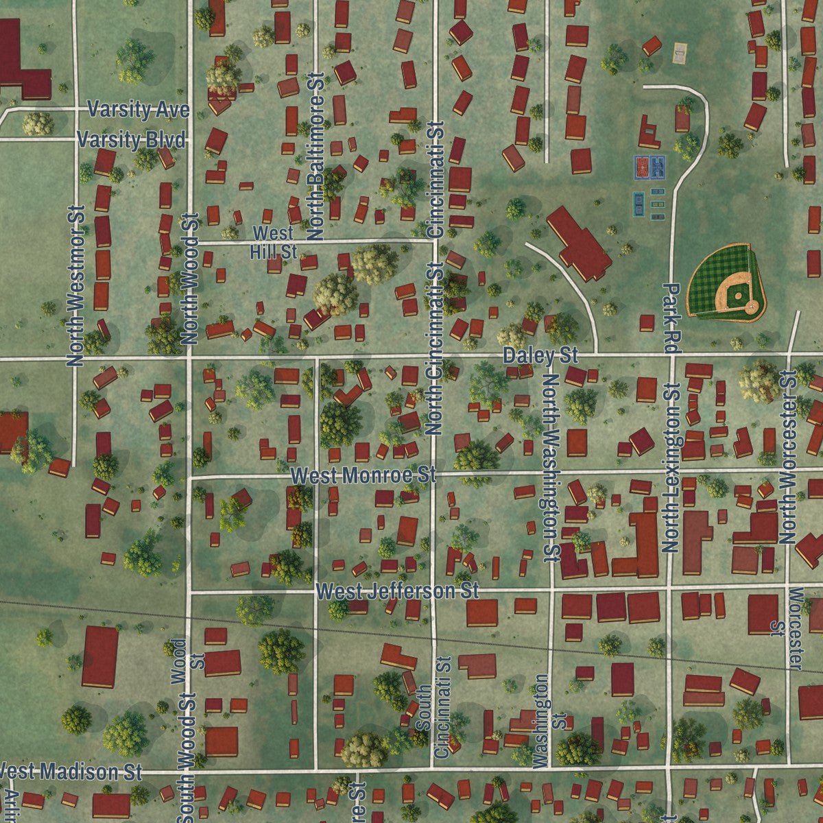 Close-up of the map of Spring Green, Wisconsin print showing street and building detail
