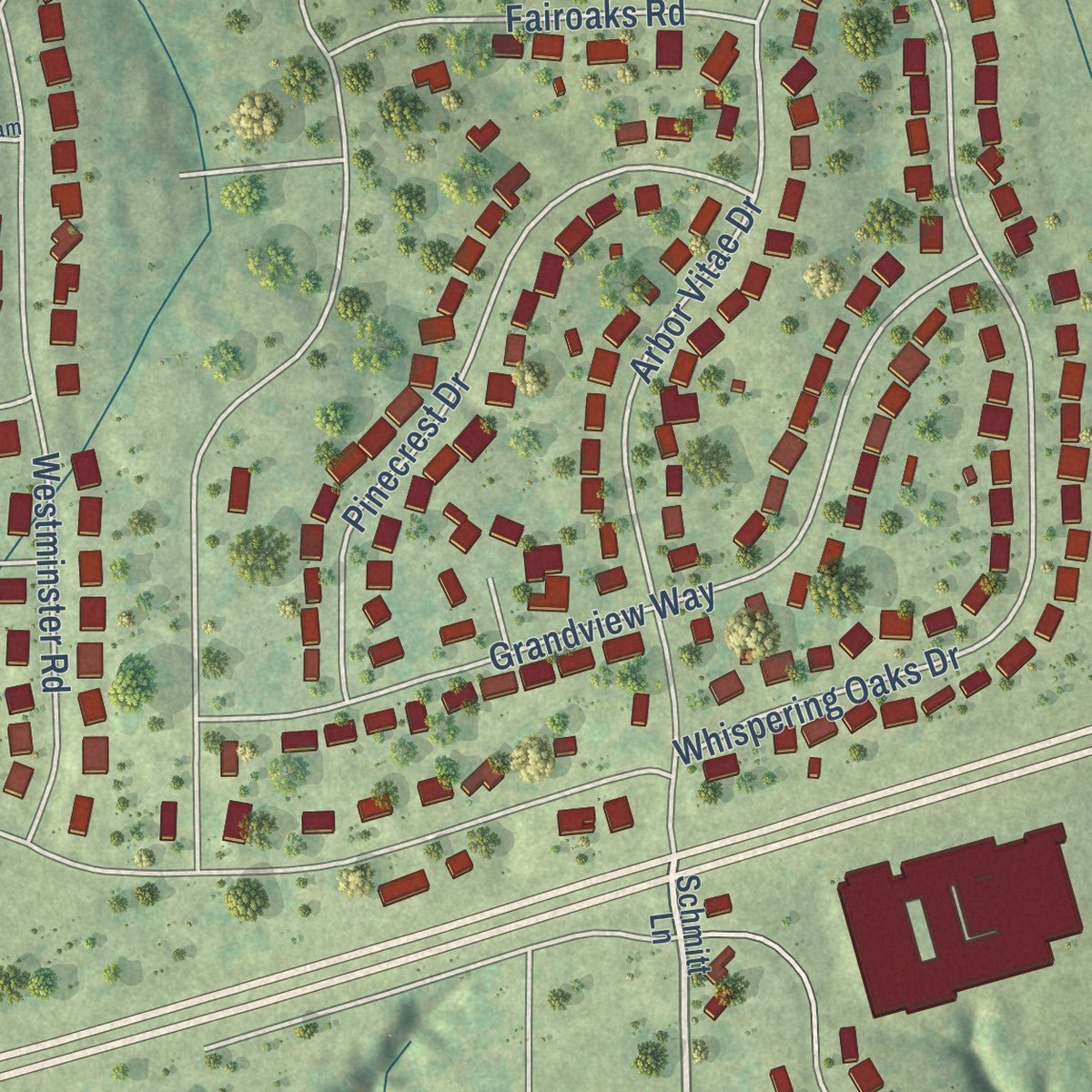 Close-up of the map of Germantown Hills, Illinois print showing street and building detail