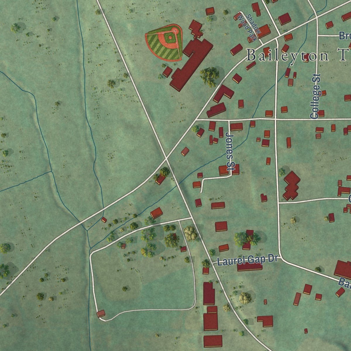 Close-up of the map of Baileyton, Tennessee print showing street and building detail
