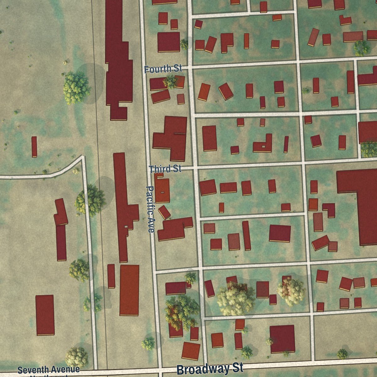 Close-up of the map of Thompson, North Dakota print showing street and building detail