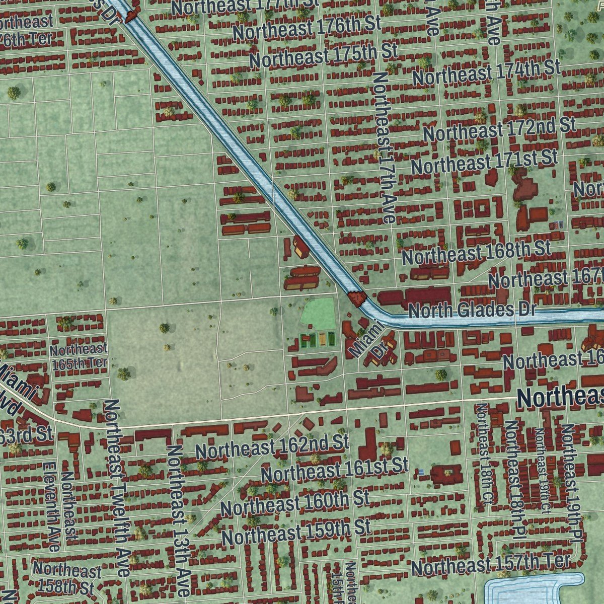Close-up of the map of North Miami Beach, Florida print showing street and building detail