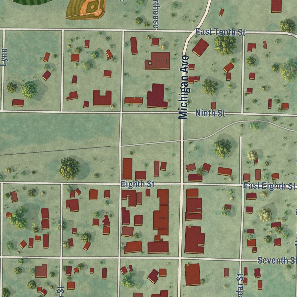 Close-up of the map of Baldwin, Lake County, Michigan print showing street and building detail