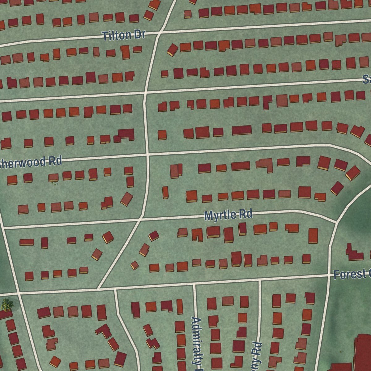 Close-up of the map of Forest Glen, Maryland print showing street and building detail