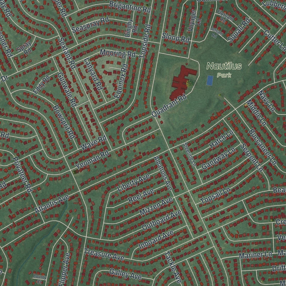 Close-up of the map of Ocean Acres, New Jersey print showing street and building detail