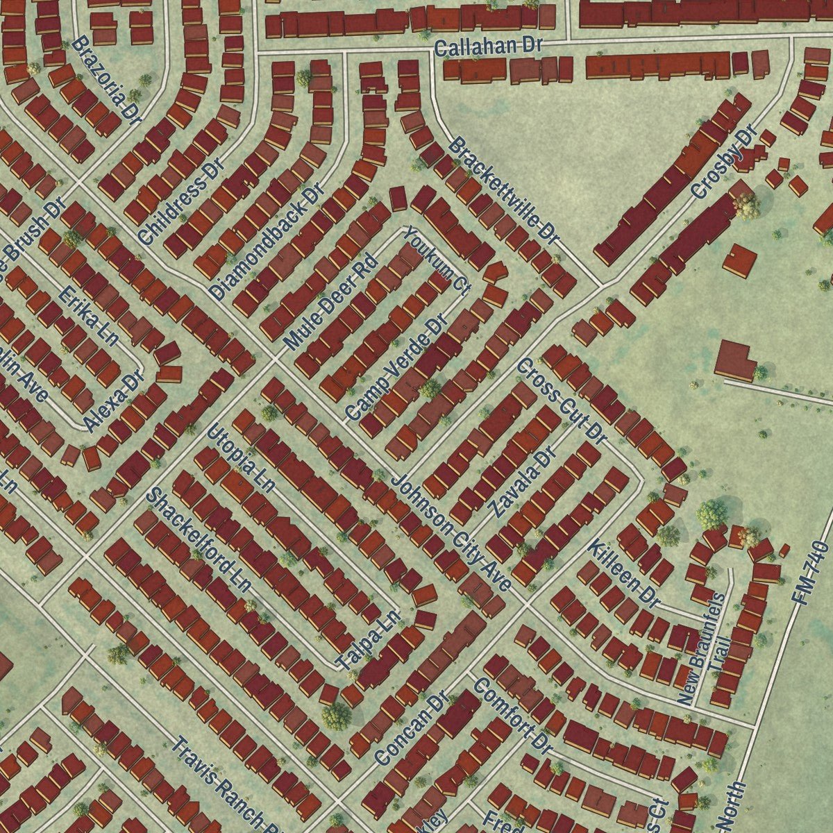Close-up of the map of Travis Ranch, Texas print showing street and building detail
