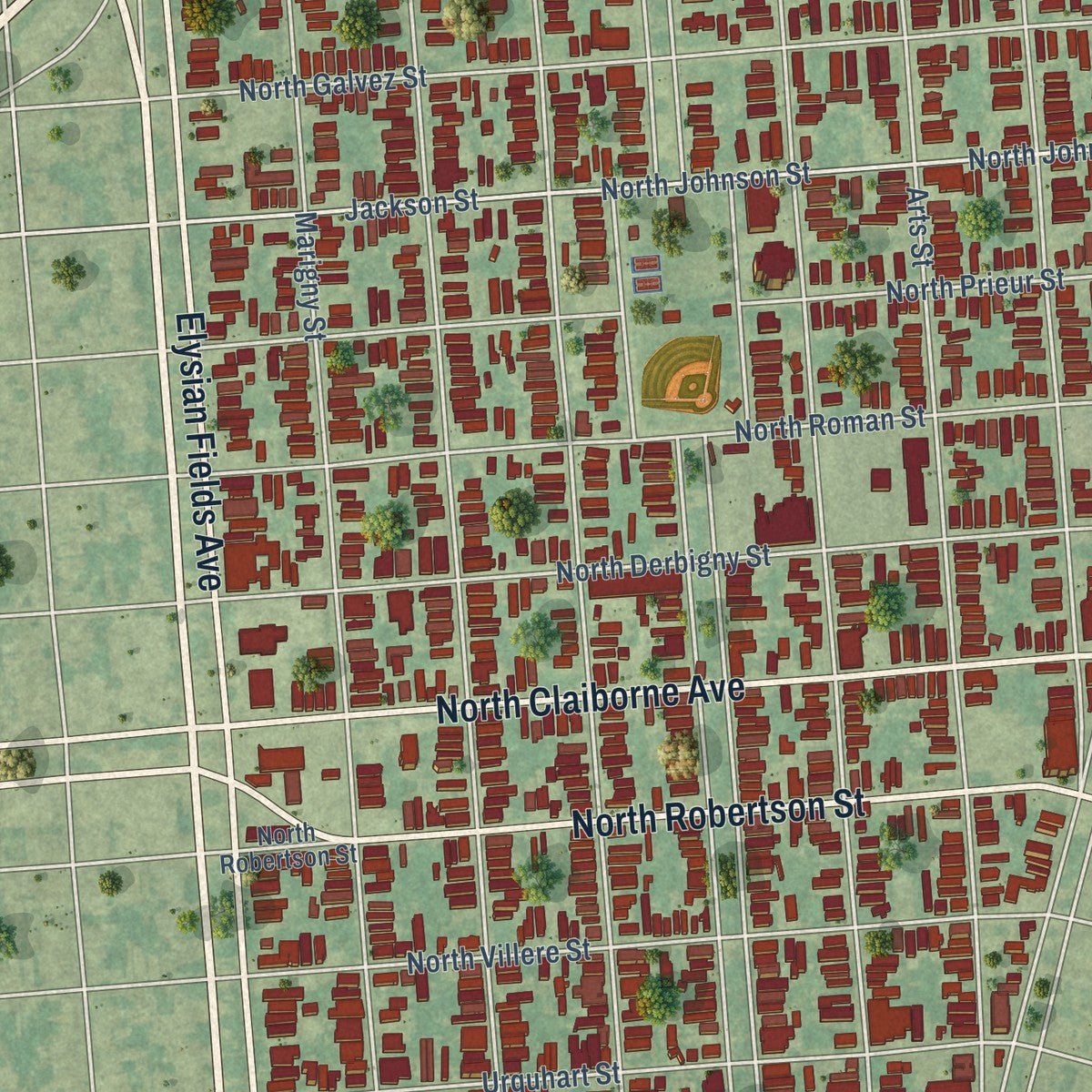 Close-up of the map of St. Roch, Louisiana print showing street and building detail