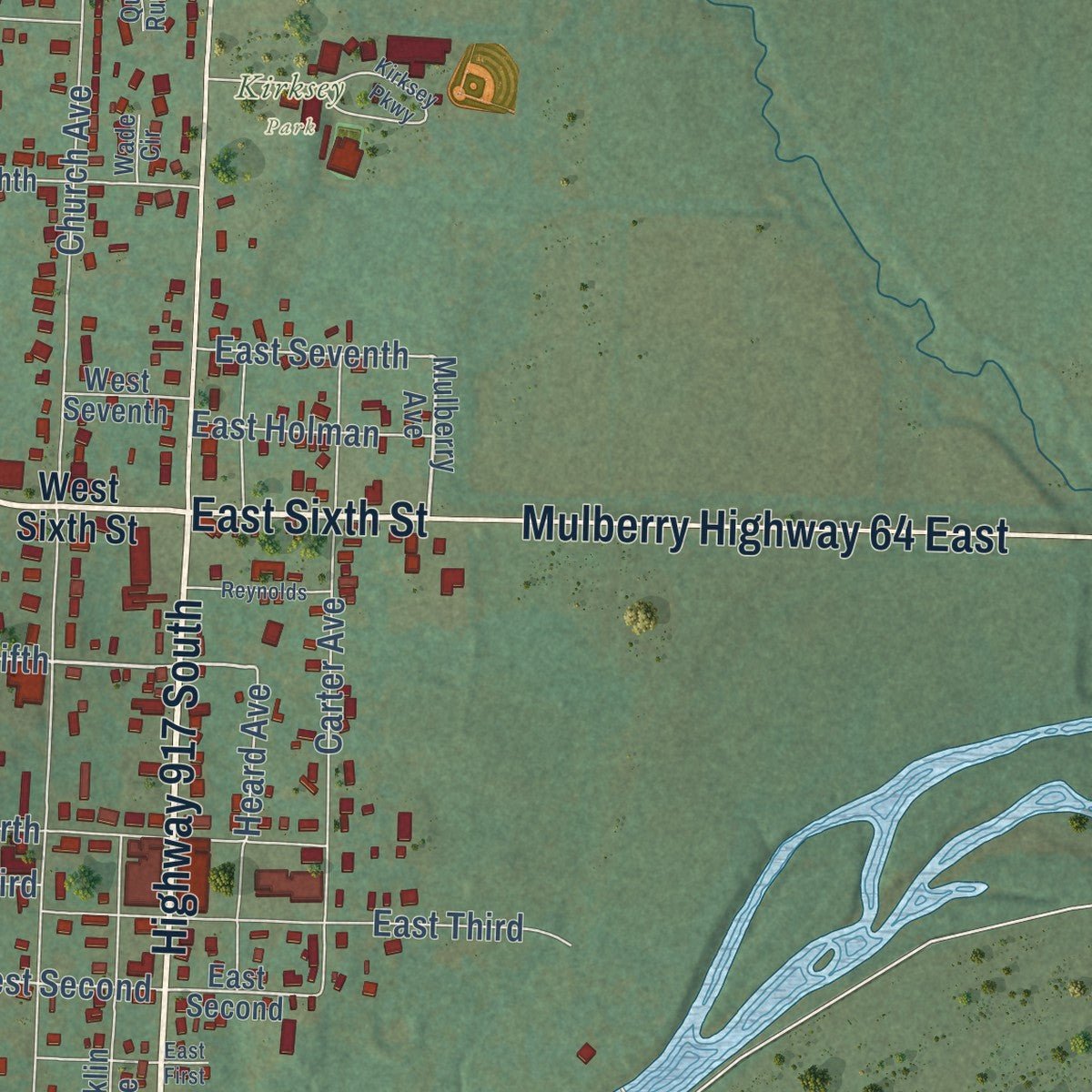Close-up of the map of Mulberry, Arkansas print showing street and building detail
