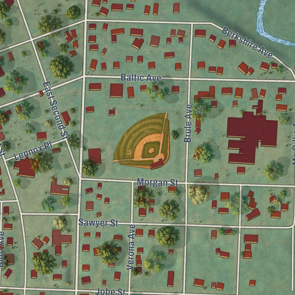 Close-up of the map of Caspian, Michigan print showing street and building detail