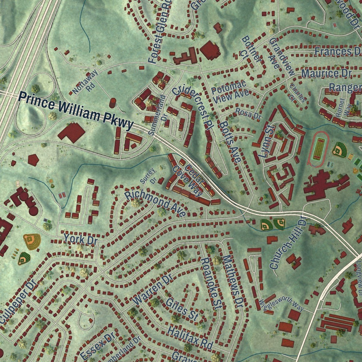 Close-up of the map of Woodbridge, Virginia print showing street and building detail