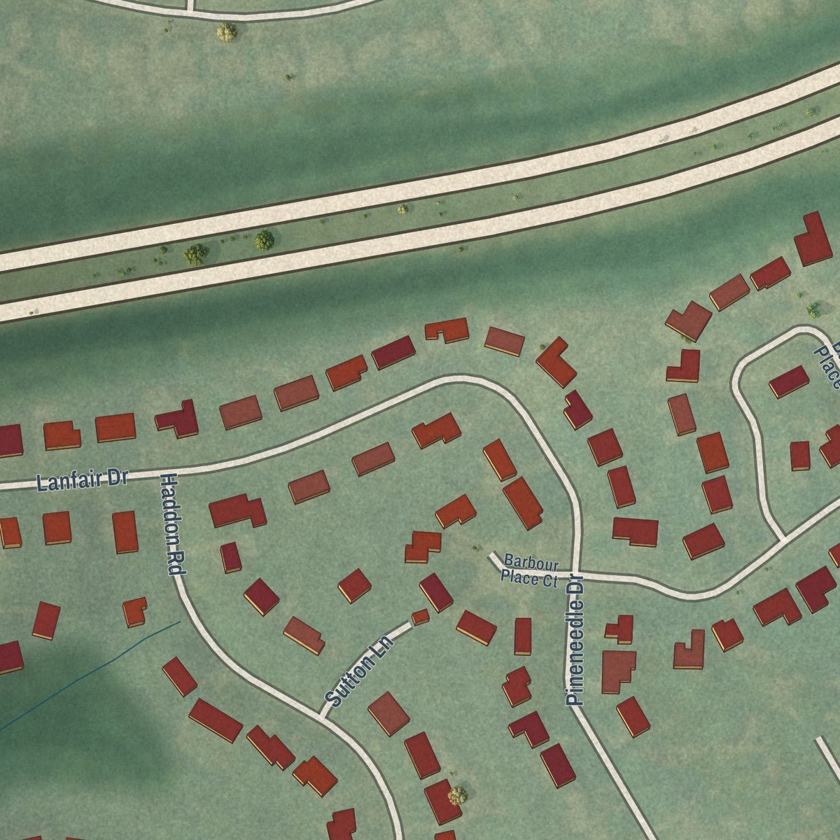 Close-up of the map of Spring Valley, Kentucky print showing street and building detail