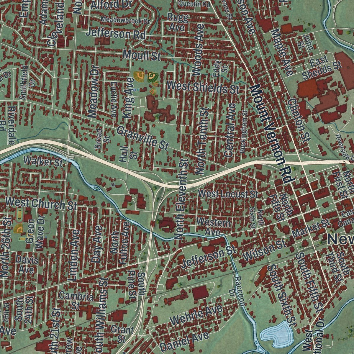 Close-up of the map of Newark, Ohio print showing street and building detail