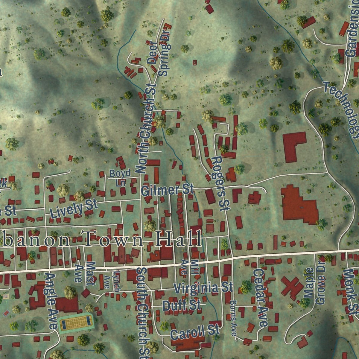 Close-up of the map of Lebanon, Virginia print showing street and building detail