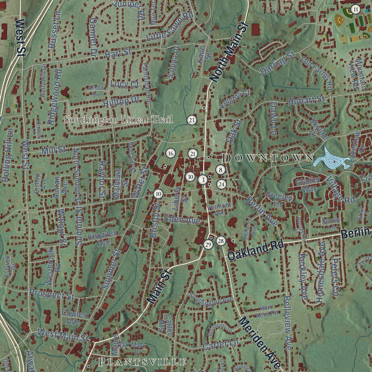 Close-up of the map of Southington, Connecticut print showing street and building detail