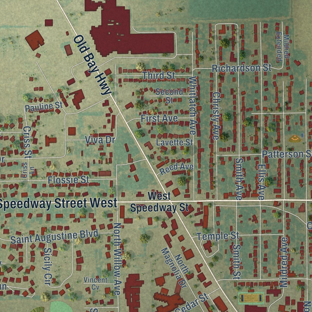 Close-up of the map of Trumann, Arkansas print showing street and building detail